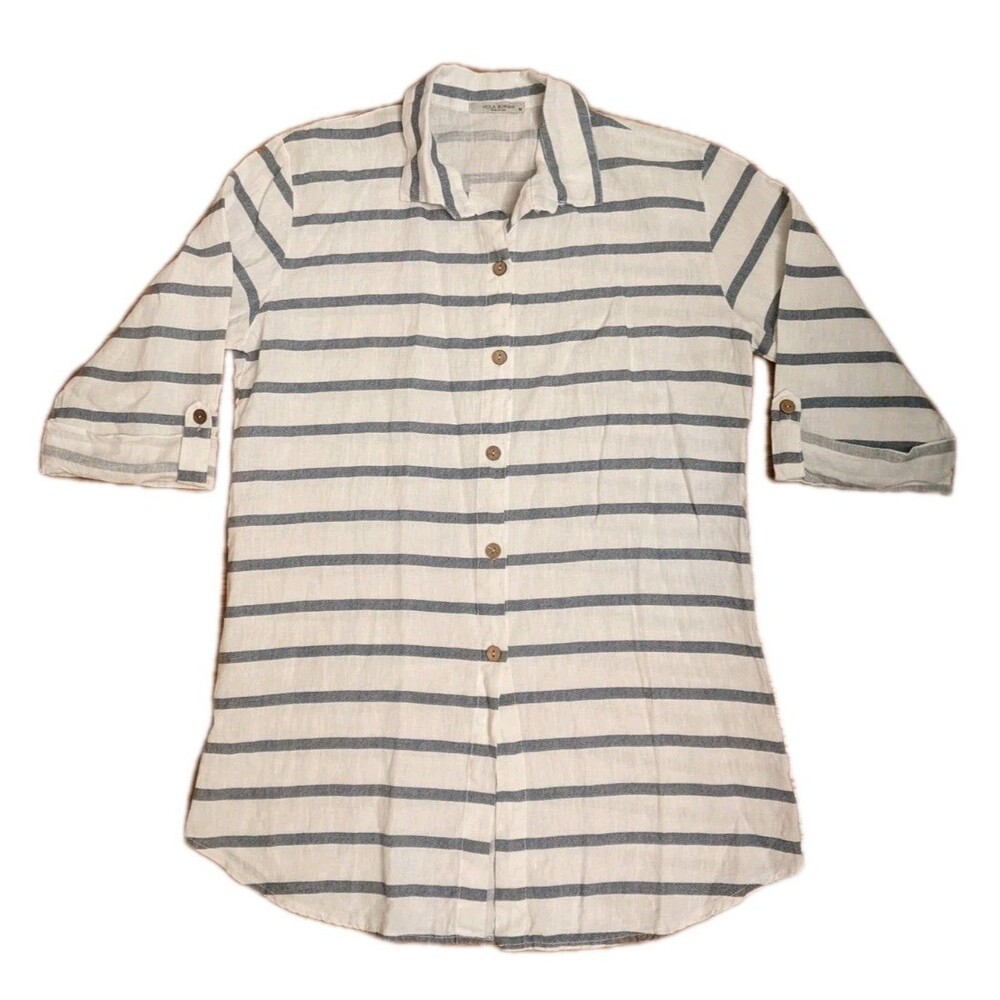 Viola Borghi Womans Med Stripe Linen Button Down Shirt Dress Peasant Vacation